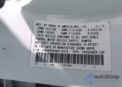 2016 Honda Accord Ex-L from USA, damaged, VIN 1HGCR2F83GA112616
